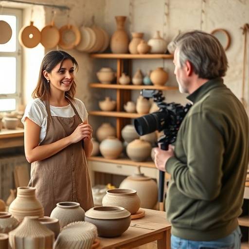 Presentador de 'Andalucía Directo' entrevistando a un artesano en un taller de cerámica.